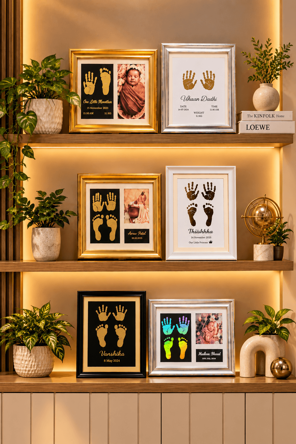 Gold foil baby handprint and footprint frames on a shelf